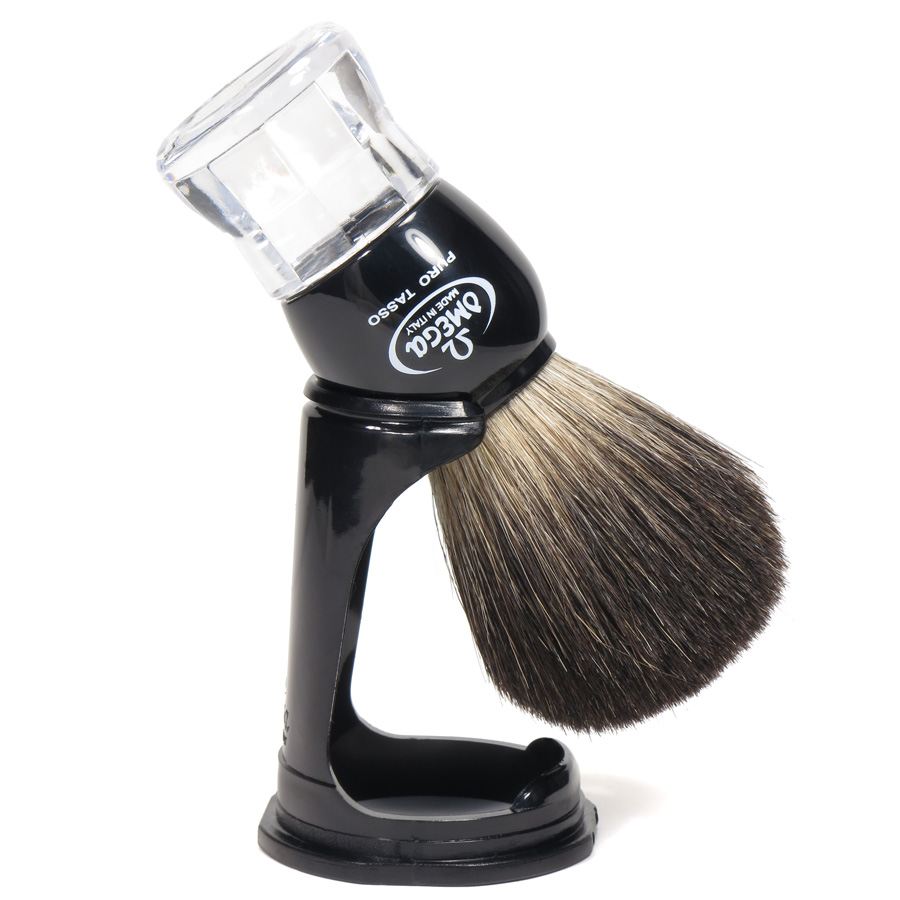 Omega Black Badger shaving brush with stand