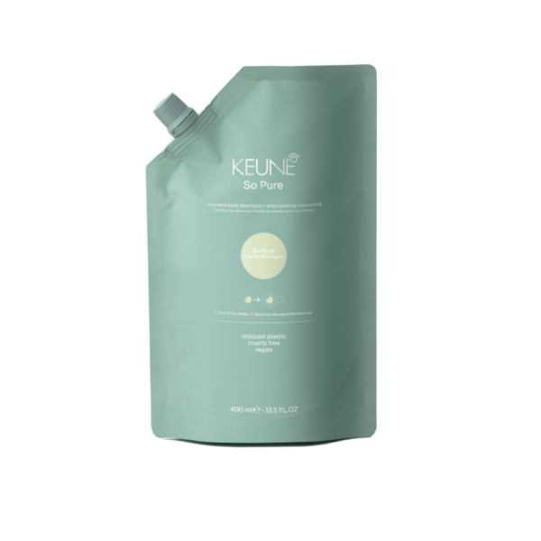 Teal Keune So Pure concentrated shampoo refill pouch, 400 ml, labeled 'reduced plastic, cruelty‑free, vegan'