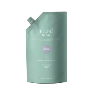 Keune So Pure concentrated shampoo refill pouch, mint-green, 1000 ml capacity, with spout cap on top corner.