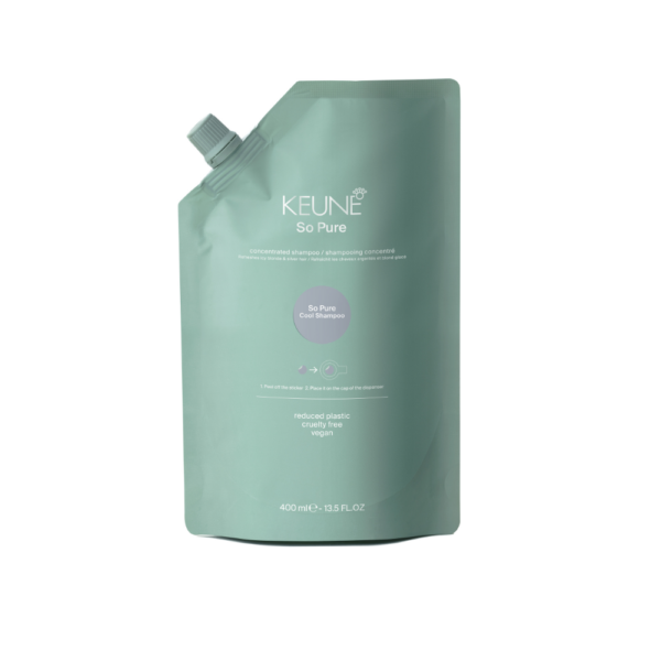 Teal KEUNE So Pure concentrated shampoo pouch with a pour nozzle, 400 ml (13.5 fl oz).
