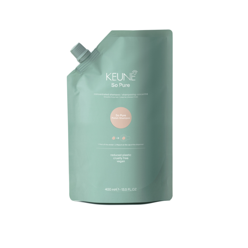 Keune So Pure Polish Shampoo in a green 400 ml refill pouch with a screw cap at the top left.