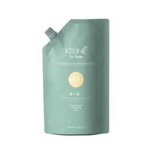 Teal Keune So Pure shampoo refill pouch with a twist cap on the top left corner.