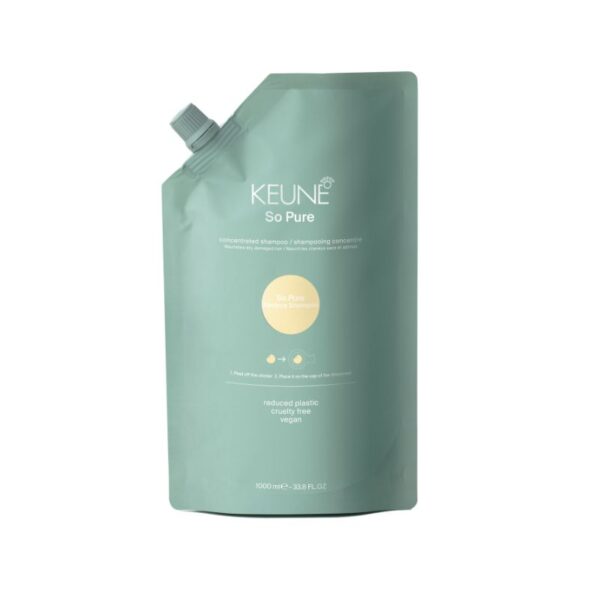 Teal Keune So Pure shampoo refill pouch with a twist cap on the top left corner.