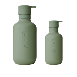 Two olive-green matte pump bottles in different sizes (large and small) with KEUNE embossed branding on a white background, used for hair care products.