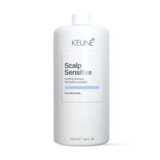 White KEUNE Scalp Sensitive soothing shampoo bottle with cap, label showing 'Scalp Sensitive'.