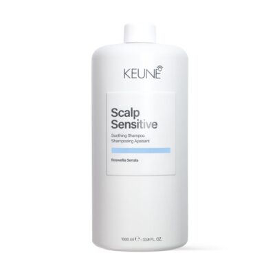 White KEUNE Scalp Sensitive soothing shampoo bottle with cap, label showing 'Scalp Sensitive'.