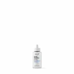 Small white dropper bottle labeled Scalp Sensitive treatment on a plain background.