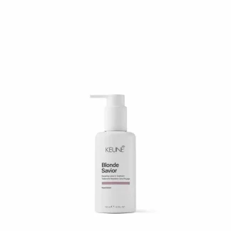 Keune Blonde Savior repairing leave-in treatment bottle with pump dispenser, white minimal packaging photographed on white background.