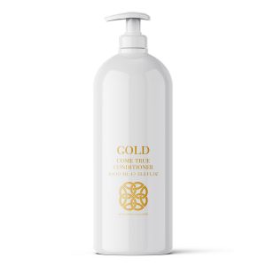 White conditioner bottle with gold text reading 'GOLD COME TRUE CONDITIONER' and a gold decorative emblem on the lower half.