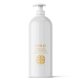 White conditioner bottle with gold text reading 'GOLD COME TRUE CONDITIONER' and a gold decorative emblem on the lower half.