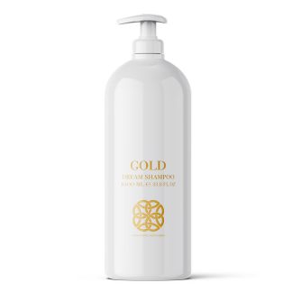 White pump shampoo bottle with gold branding reading 'GOLD DREAM SHAMPOO' and logo, 1000 ml