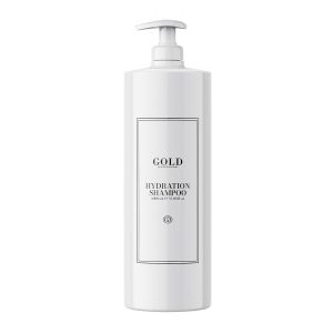 White pump bottle of Gold Hydration Shampoo with a minimalist framed label.