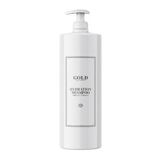 White pump bottle of Gold Hydration Shampoo with a minimalist framed label.