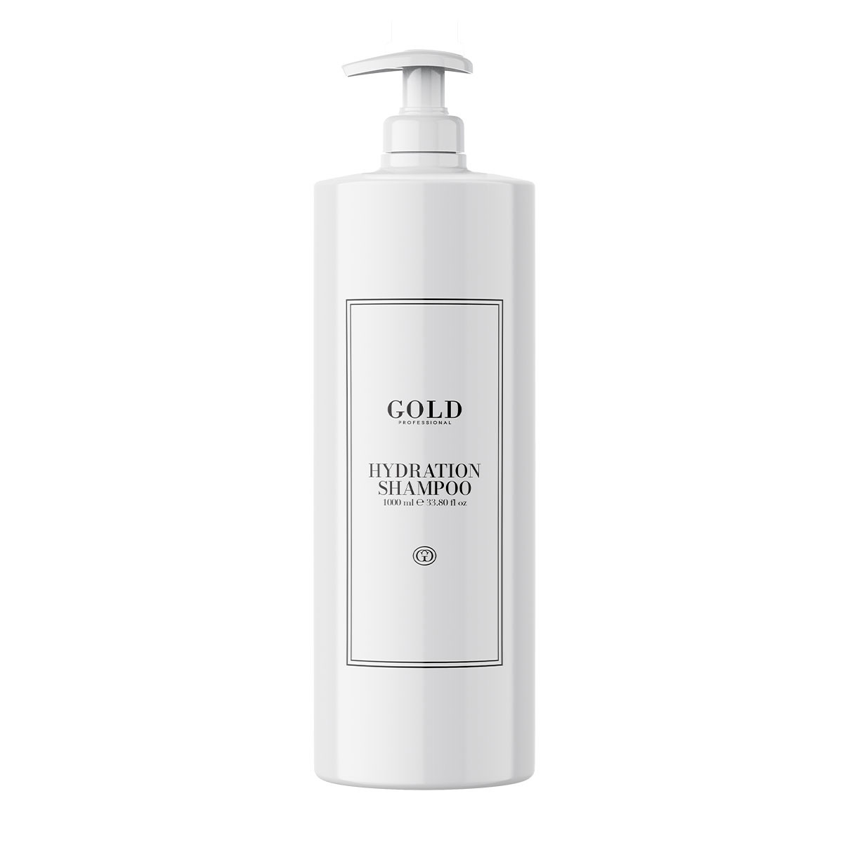 White pump bottle of Gold Hydration Shampoo with a minimalist framed label.