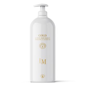 White bottle of Gold Luxury Hair Masque with a pump top and gold lettering