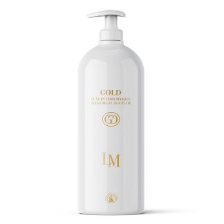 White bottle of Gold Luxury Hair Masque with a pump top and gold lettering