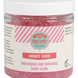 Pink sorbet scrub in a clear jar with a white lid, labeled 'Skin Candy Sorbet Scrub' for nourishing body care
