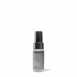 Gray spray bottle with a black cap (Sebastian brand) on a white background, a hair product.