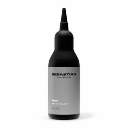 Dropper bottle of Sebastian hair product, black with a gray label, standing upright.