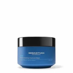 Blue jar with a black lid labeled 'Sebastian' hair treatment mask on a white background.
