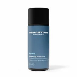 Sebastian Professional Hydre Hydrating Shampoo bottle, blue with a black cap, shown against a white background.