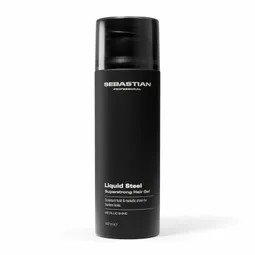 Black bottle of Sebastian Professional Liquid Steel straightening serum on a white background, label facing forward.