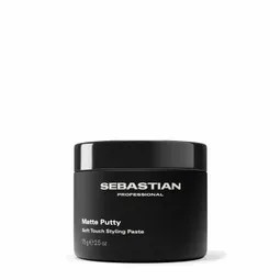 Black jar labeled Sebastian Professional Matte Putty hair styling paste - compact container with white text on a black lid