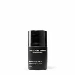 Sebastian Professional Microweb Fiber hair texturizing product in a small black bottle on a white background