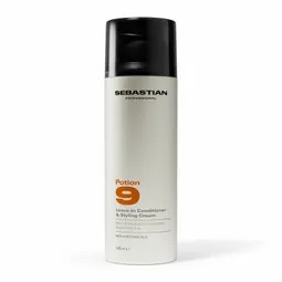 Sebastian Potion 9 hair styling treatment bottle, white cylindrical container with black cap and orange label