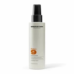 Bottle of Sebastian Potion 9 hair styling treatment, white bottle with black cap and brand name visible.