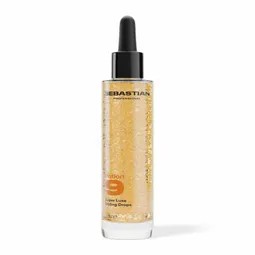 Dropper bottle of golden hair product from Sebastian Professional, with a black dropper cap and clear bottle.