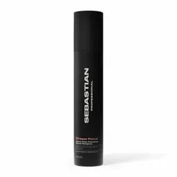 Black tall spray bottle of Sebastian hair product standing upright on a white background.