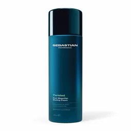 Blue cylindrical bottle of Sebastian Twisted hair styling product on a white background, with a dark cap and product name faintly visible.