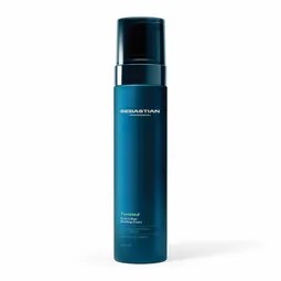 Blue spray bottle of Sebastian Professional hair product with a black cap on a white background.