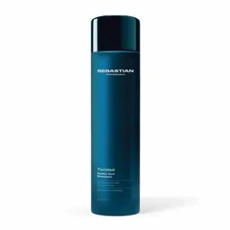 Tall blue Sebastian hair product bottle with a black cap on a white background.