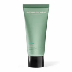 Teal-green Sebastian hair care product tube with black cap, standing upright.