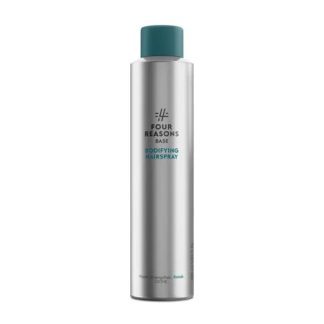 Silver can of Four Reasons Base Bodifying Hairspray with a teal cap.