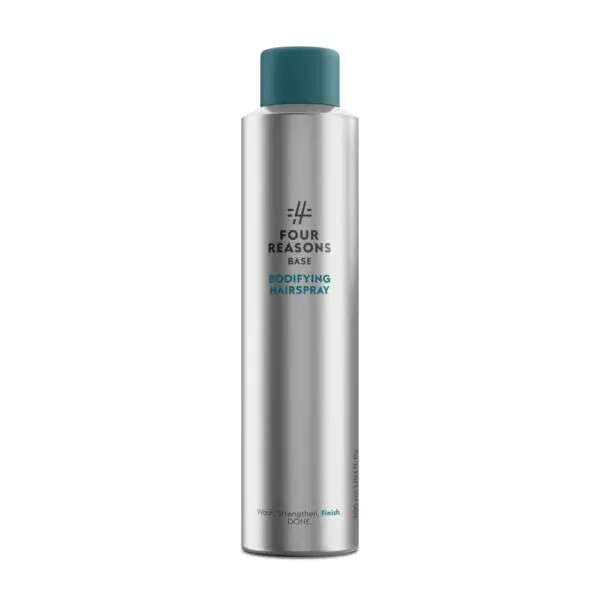 Silver can of Four Reasons Base Bodifying Hairspray with a teal cap.