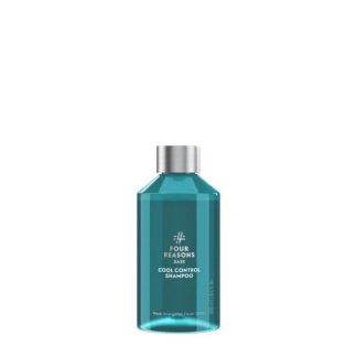 Turquoise shampoo bottle with silver cap labeled 'Four Reasons – Base Cool Control Shampoo'