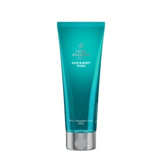 Teal tube of hair and body wash with silver cap, product label reads 'Hair & Body Wash' and 'Weaken, Strengthen, Finish Done' (front view).