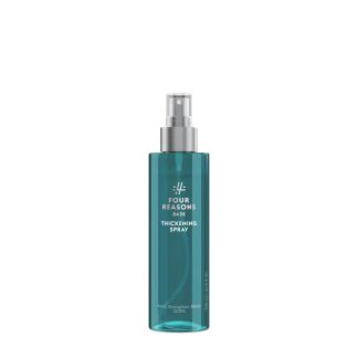Turquoise spray bottle labeled Four Reasons Thickening Spray for hair, with silver pump nozzle.