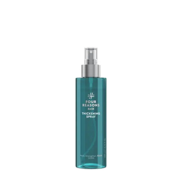 Turquoise spray bottle labeled Four Reasons Thickening Spray for hair, with silver pump nozzle.