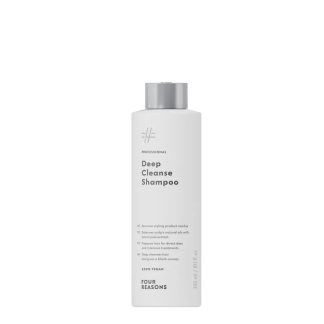 White bottle of Deep Cleanse Shampoo with a silver cap and minimalist label, brand Four Reasons, on a white background.