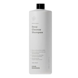 White cylindrical shampoo bottle with black cap, label reads 'Deep Cleanse Shampoo' by Four Reasons (1000 ml).