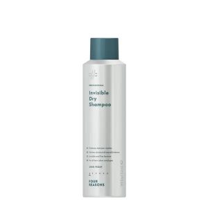 Tall white bottle with teal cap labeled Invisible Dry Shampoo by Four Reasons