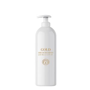White shampoo bottle with a pump dispenser and gold text reading 'GOLD DREAM SHAMPOO' (500 ml) on a white background.