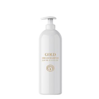 White shampoo bottle with a pump dispenser and gold text reading 'GOLD DREAM SHAMPOO' (500 ml) on a white background.