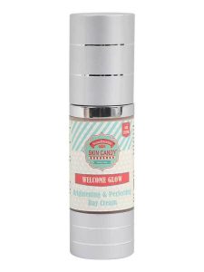 Bottle of Scandinavian Skin Candy Welcome Glow Brightening & Perfecting Day Cream with a silver pump cap.
