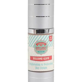 Bottle of Scandinavian Skin Candy Welcome Glow Brightening & Perfecting Day Cream with a silver pump cap.