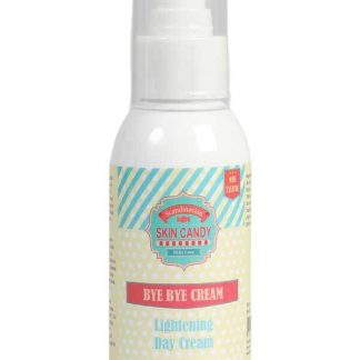 White pump bottle labeled Skin Candy Bye Bye Cream Lightening Day Cream with a pastel blue and yellow label.